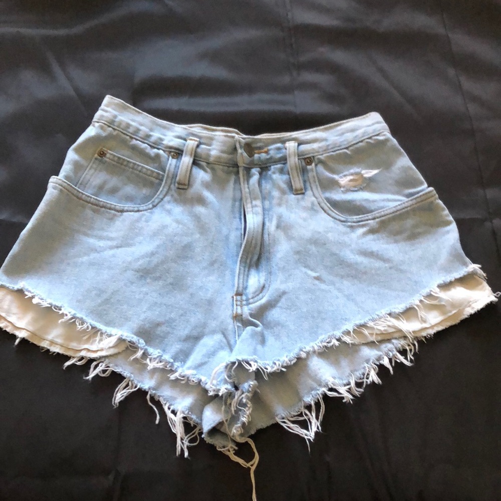 Limited jean shorts booty fringe high waisted light wash some distress Sz 8